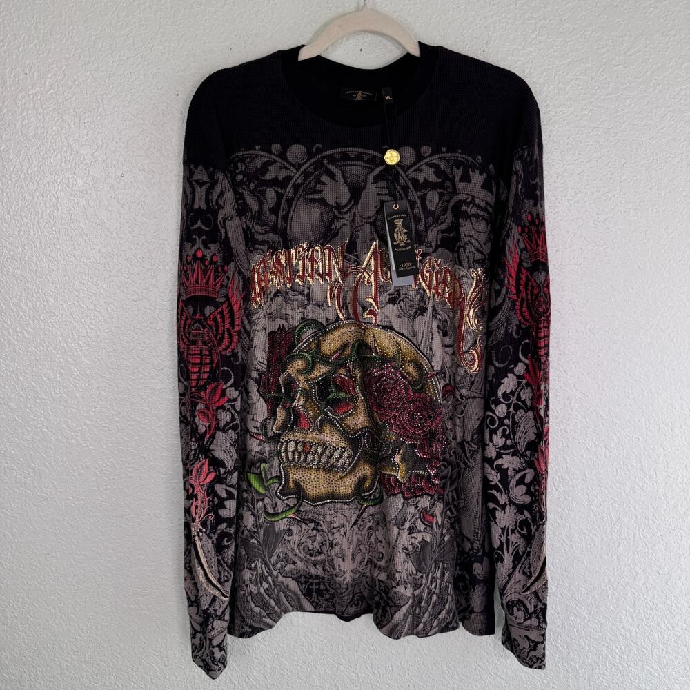 Christian Audigier Shirt Mens XL Thermal Skull Rose Rhinestone Y2K Tattoo NEW